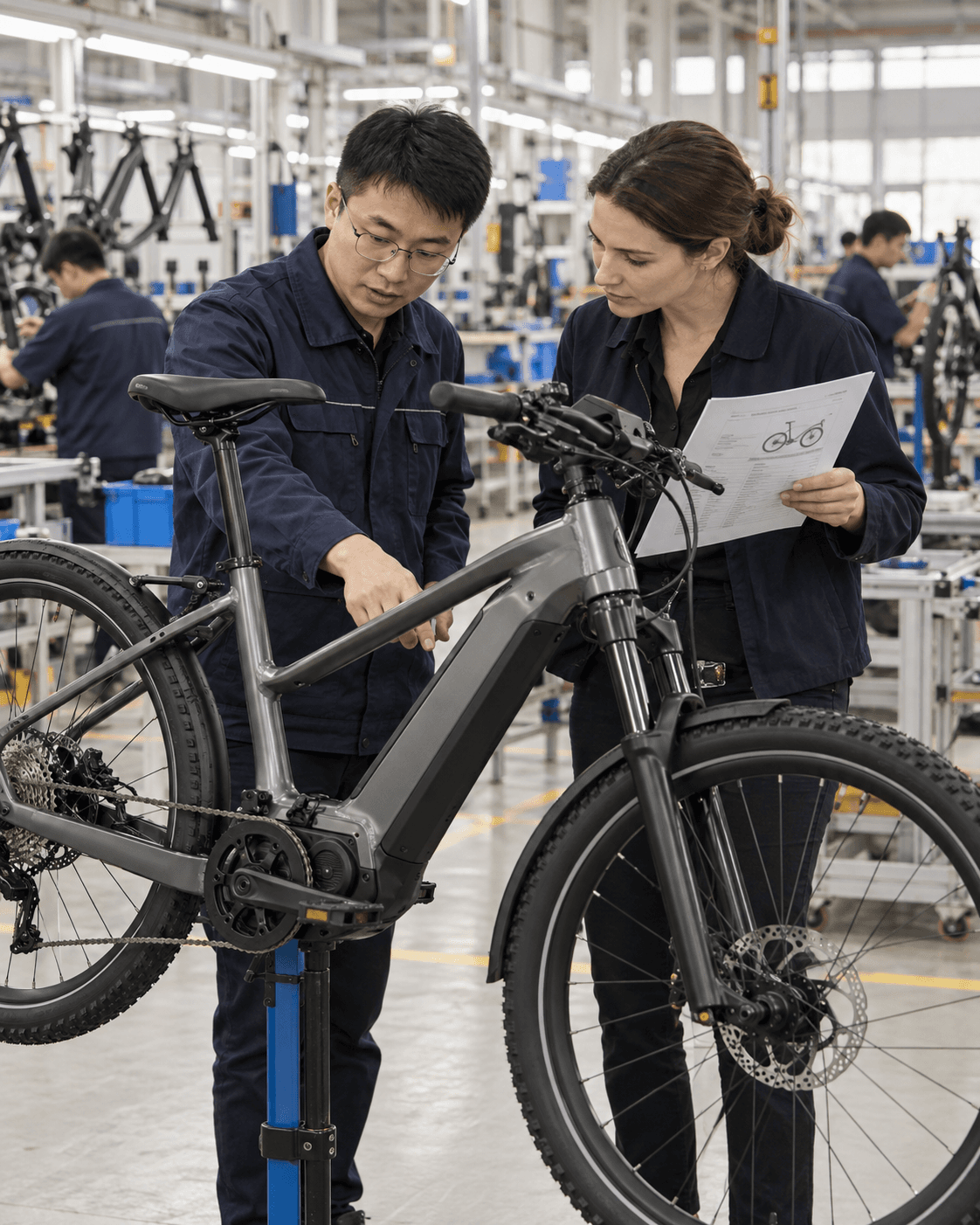 An engineer and sourcing representative inspecting an electric bicycle prototype inside a factory