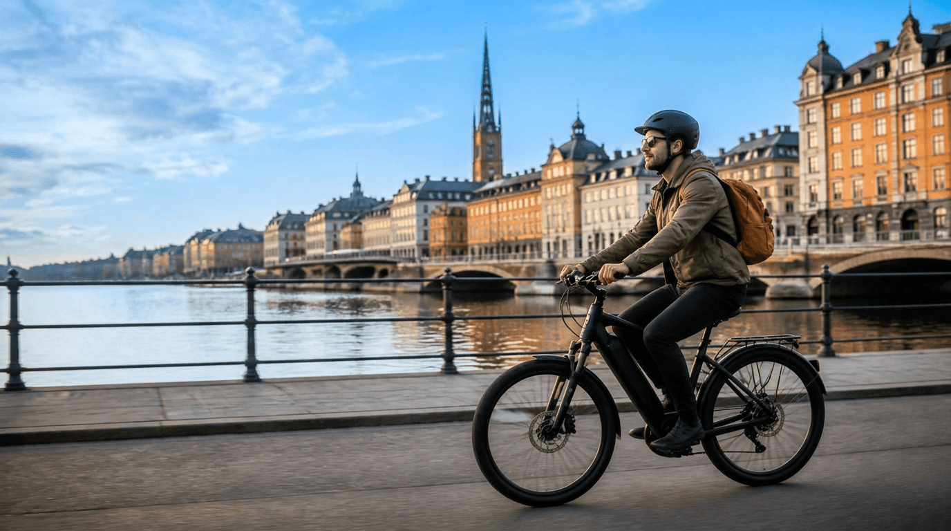 Commuter riding an electric bike along a city waterfront