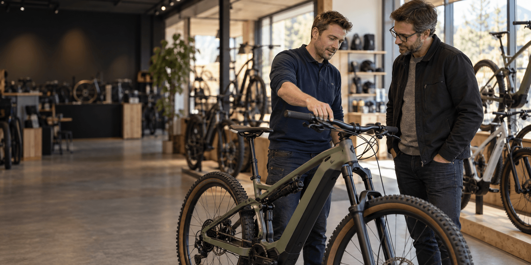 Two business partners discussing an electric bicycle in a bicycle showroom